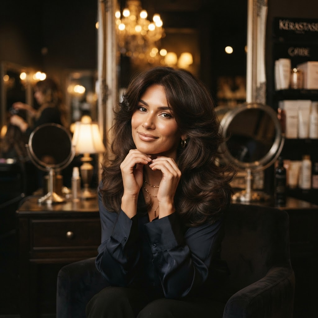 Woman with beautiful dark brown layered haircut and styling