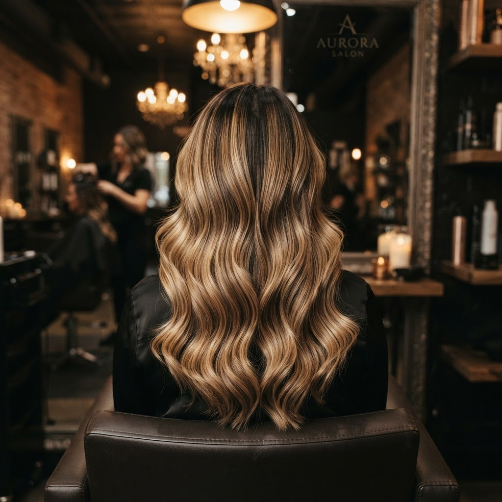 Back view of woman with stunning balayage highlights and waves